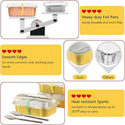 LNYZQUS 1.5lb Small Foil Pans with Lids 25 Pack, 7” x 5” Individual Baking Tins Leftover Containers,24oz Aluminum To Go Baked Food Containers Large Loaf Cake Pans Take Out Holders-Gold