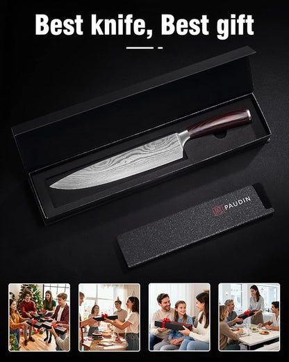 PAUDIN Chef Knife, 9 Inch High Carbon Stainless Steel Sharp Kitchen Knife for Vegetables and Meat, with Sheath, Ergonomic Handle, Gift Box