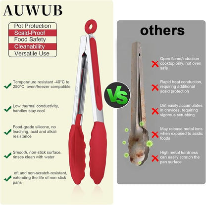 Salad Tongs, 16 Inch Silicone Food Tongs with 304 Stainless Steel Core & Non-Slip Grip in Red Color