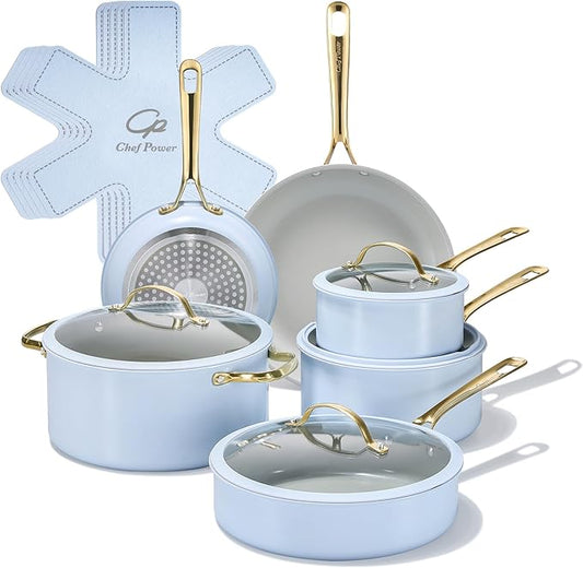 Chef Power Ceramic Cookware Sets, 15Pcs Pots and Pans Set Non Stick, Cookware Set with Stainless Steel Handle, Dishwasher & Oven Safe, Light Blue and Granite Grey
