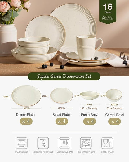 Famiware Jupiter 16-Piece Stoneware Dinnerware Ses - Includes Pasta Bowl & Dinner Plate, Handcrafted Dishes with Speckles & Embossed Swirls, Chip & Scratch Resistant, Service for 4, Vanilla White