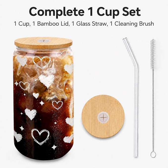Glass Cup with Lid and Straw, 16 oz Cute Iced Coffee Cup with Heart Design, Bamboo Lid, Glass Straw and Brush for Desk, Dorm, Girlfriend or Best Friend