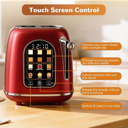 Mecity Toaster 2 Slice, Touch Screen Wide Slot Retro Toaster For Breads Bagel Muffin Waffle, House Warming Gift New Home, 120V 825W, Red Pearl