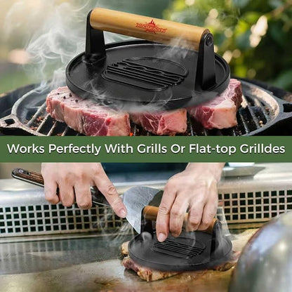 XUDAKAIXIN Cast Iron Smash Burger Press 7.1",Grill Bacon Meat Press Tool,Perfect for Blackstone, Camp Chef, Weber Grills & Indoor Griddles – BBQ & Cookout Must-Have (Grooved)