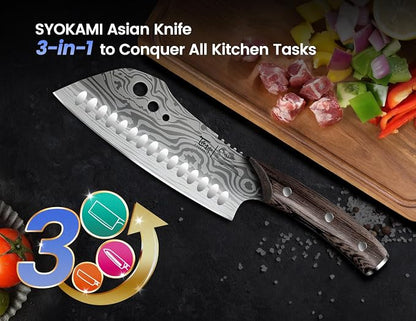 SYOKAMI Cleaver Chef Knife with Herb Stripper, 7" Asian Kitchen Knife 3-in-1 Combined with Chef's Knife, Santoku, Nakiri for Slicing, Chopping, Dicing, Mincing, Housewarming Birthday Cooking Gifts