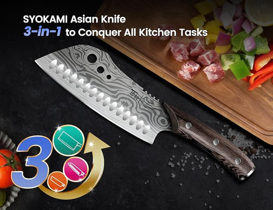 SYOKAMI Cleaver Chef Knife with Herb Stripper, 7" Asian Kitchen Knife 3-in-1 Combined with Chef's Knife, Santoku, Nakiri for Slicing, Chopping, Dicing, Mincing, Housewarming Birthday Cooking Gifts