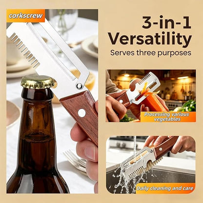 2PCS Multifunction Vegetable Peeler for Kitchen, Stainless Steel Fruit & Potato Peeler with Bottle Opener and Wooden Handle, 3-in-1 Kitchen Gadget for Carrot, Pumpkin, Cucumber and Veggie