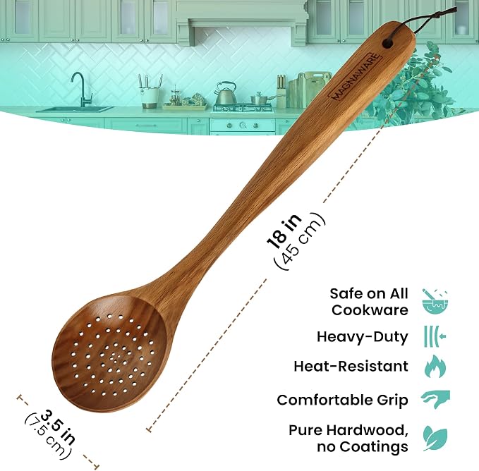 18 Inch Long Wooden Slotted Spoon for Cooking, Acacia Wood Spoon with Holes (Slotted Spoon)