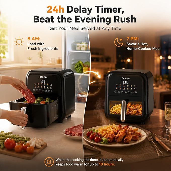 CARORI 7.5 Qt Air Fryer with Viewing Window, 12 Presets and DIY Mode, 1700W, Large Nonstick Dishwasher-Safe Basket, Air Fry, Bake, Roast, Reheat, Dehydrate, Black