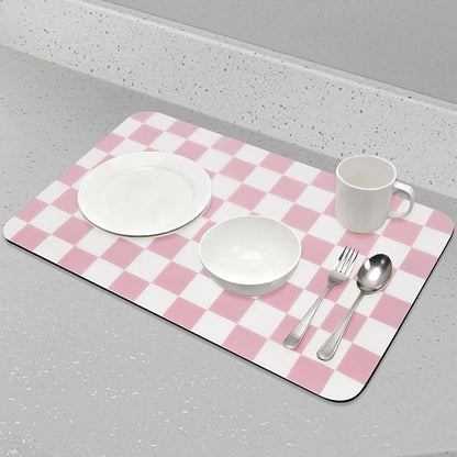 CooRug Checkered Dish Drying Mat for Kitchen Counter, Absorbent Non-Slip Coffee Mat, Heat Resistant Mat for Countertops Coffee Bar Decor 16" x 24" Pink
