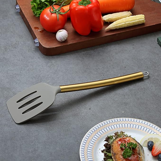 Berglander Non-stick Silicone Slotted Turner with Titanium Gold Plated Handle for Cooking, Dishwasher Safe, Easy to Clean