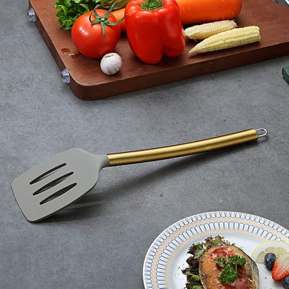 Berglander Non-stick Silicone Slotted Turner with Titanium Gold Plated Handle for Cooking, Dishwasher Safe, Easy to Clean