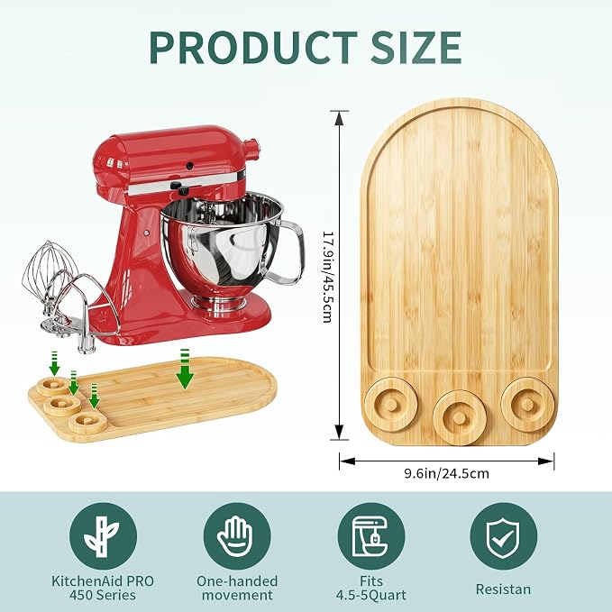 2-in-1 Mixer Sliding Mat with Attachment Storage for KitchenAid Stand Mixer, Bamboo Mixer Slider Pad for KitchenAid 4.5-5 Qt Tilt-Head Mixer, Easy Move & Protect Countertop, Hold 3 Mixer Attachments