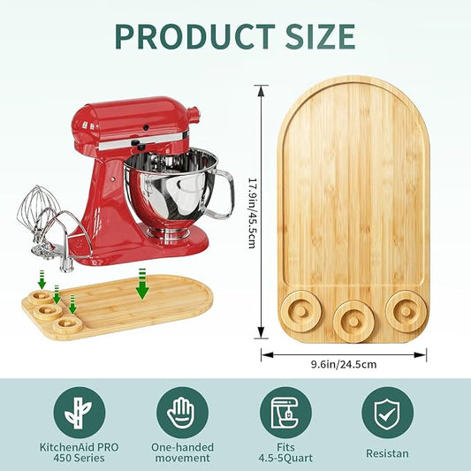 2-in-1 Mixer Sliding Mat with Attachment Storage for KitchenAid Stand Mixer, Bamboo Mixer Slider Pad for KitchenAid 4.5-5 Qt Tilt-Head Mixer, Easy Move & Protect Countertop, Hold 3 Mixer Attachments