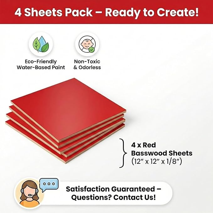 4 Pack Pre-Painted Colored Plywood Sheets,12x12x1/8 Inch (3mm) Basswood Board,Ideal for Laser Cutting, Engraving, DIY Crafts, Ornaments, Models Making (Red)