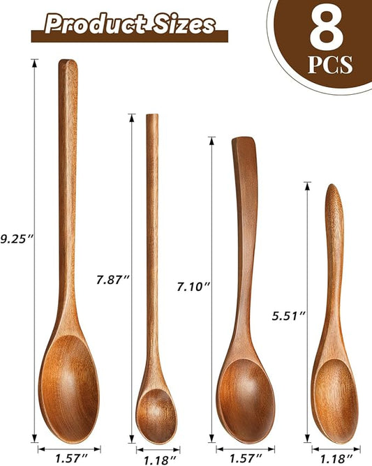 MORGLES 8Pcs Small Wooden Spoons Set – 4 Sizes & Shapes for Honey, Coffee, Tea, Soup & Oatmeal | 2 Round Spoons Included | Handcrafted, Food-Safe Finish