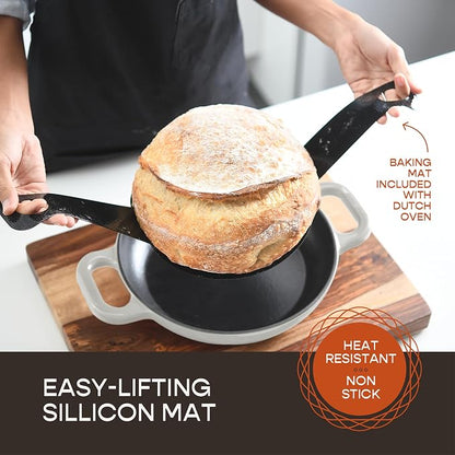 Krustic Enameled Cast Iron Dutch Oven for Sourdough Bread Baking | 6 Quart Round Pot with Lid | 10 Inch Ceramic Enamel Thick Coated Cookware Set with Non Stick Silicone Baking Mat for Cooking | 6 Qt | White