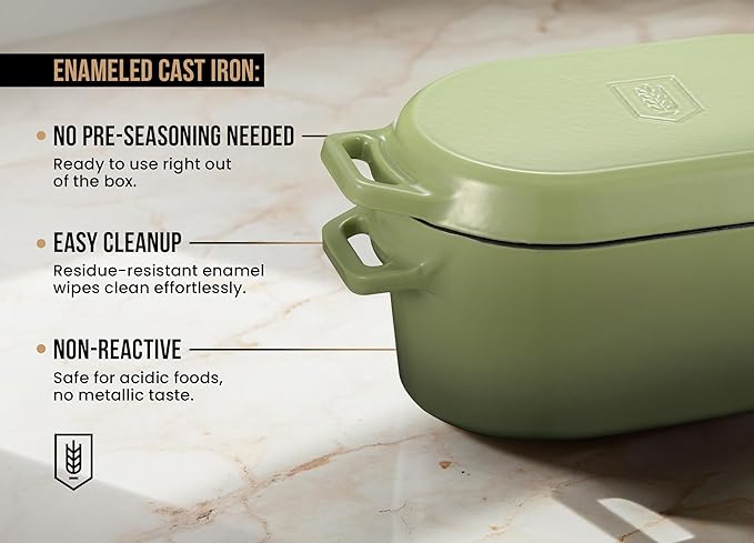 KooK Oval Loaf Shaped Cast Iron Dutch Oven for Bread Baking, 3.4 Qt Sourdough Dutch Oven with Lid, Enameled, Lid Lever, Dual Handles, Dishwasher Safe, 500°F, Sage Ombre