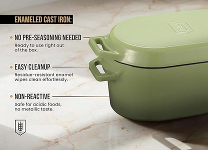 KooK Oval Loaf Shaped Cast Iron Dutch Oven for Bread Baking, 3.4 Qt Sourdough Dutch Oven with Lid, Enameled, Lid Lever, Dual Handles, Dishwasher Safe, 500°F, Sage Ombre