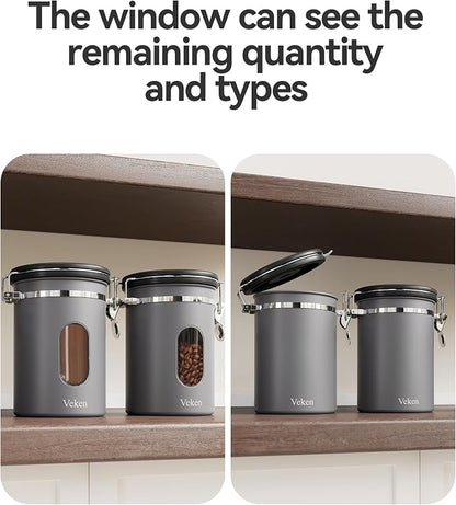 Veken Coffee Canister with Window,Airtight Stainless Steel Kitchen Food Storage Container, Date Tracker & Scoop for Grounds Coffee, Beans, Tea, Flour, Cereal,Sugar,22OZ,Grey (Pack of 2)