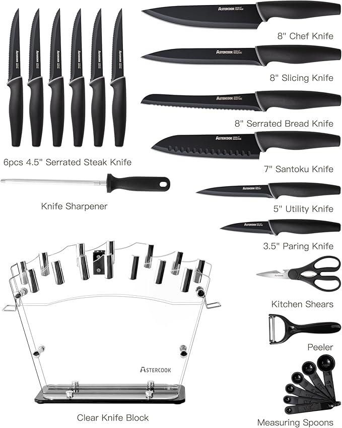 Astercook Knife Set with Block and Sharpener, 22 Piece Kitchen Knife Set Dishwasher Safe, Space-Saving Clear Knife Block with Knives for Everyday Home Cooking Black