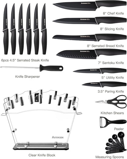 Astercook Knife Set with Block and Sharpener, 22 Piece Kitchen Knife Set Dishwasher Safe, Space-Saving Clear Knife Block with Knives for Everyday Home Cooking Black