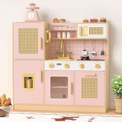Babytronic Wooden Kitchen Playset for Kids - Pink Pretend Play Kitchen with Lights & Sounds, Retro Style Toy Kitchen for Toddlers Ages 3+, Wooden Play Kitchen Set with Realistic Design (Pink&Gold)