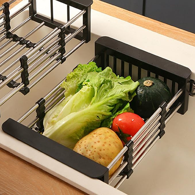Dish Drying Rack, Adjustable Stainless Steel Drainer Basket Drain Tray for Dishes, Vegetables, and Fruit, On or in Sink Kitchen Basket Dish Drying Rack (Black)