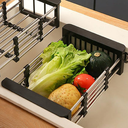 Dish Drying Rack, Adjustable Stainless Steel Drainer Basket Drain Tray for Dishes, Vegetables, and Fruit, On or in Sink Kitchen Basket Dish Drying Rack (Black)