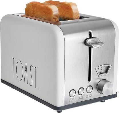 Rae Dunn Toaster, Stainless Steel 2 Slice Square Toaster, Wide Slot with 5 Browning Levels, with Bagel, Defrost and Cancel Options (Cream)