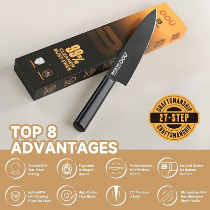OOU® Black Blade 8 Inch Chef Knife with AgShield™ & Cerablack™ Technology, Rust-Resistant & Easy-Clean Finish, High Carbon Stainless Steel for Meat & Vegetables
