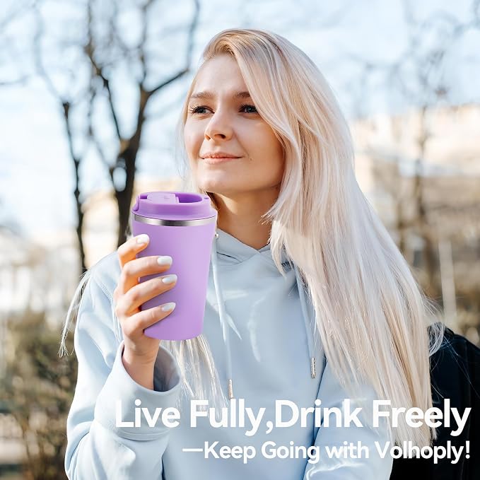 Volhoply 12 oz Double Wall Insulated Vacuum Travel Coffee Mug with Flip Lid Bulk 4 Pack,Reusable Stainless Steel Leak Proof Coffee Cups,Portable Cafe Thermal Tumbler for Hot&Cold Drinks(Purple,4 Set)