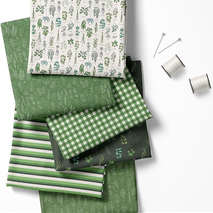 Patchwork Fabric Panel 100x155 cm, 100% Cotton Satin, 6 Coordinated Botanical & Gingham Patterns, Green Nature Quilting & Sewing Fabric (Fresh Herbs, 6pcs 50x50cm)