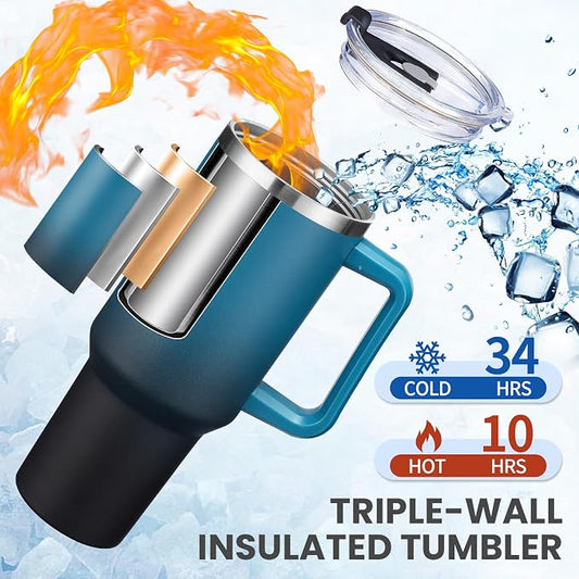 BENZZO 40 oz Tumbler with Handle and Straw Lid Travel Mugs Insulated for Hot and Cold Water Bottle Stainless Steel Coffee Cups
