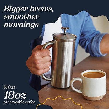 ESPRO Pro P7 Brushed Stainless Steel French Press 304 – Patented Double Walled Micro-Filter Insulated French Press Coffee Maker, Grit-Free Brew - Heat Resistant BPA Free - 18oz