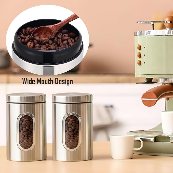 Zopeal 6 Pack Original Canisters Sets for Kitchen 50oz Stainless Steel Kitchen Canisters with Transparent Windows Flour Sugar Container Metal Jar Countertop Set for Coffee Tea Decorative