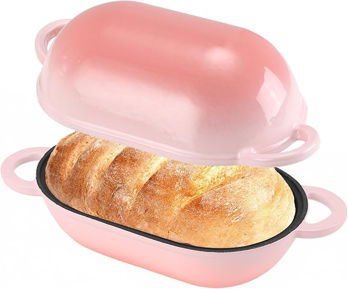 Enameled Cast Iron Oval Dutch Oven Pot with Lid, 5 QT Dutch Oven for Sourdough Bread Baking, Bread Loaf Pan with Lid & Bread Oven (Pink)