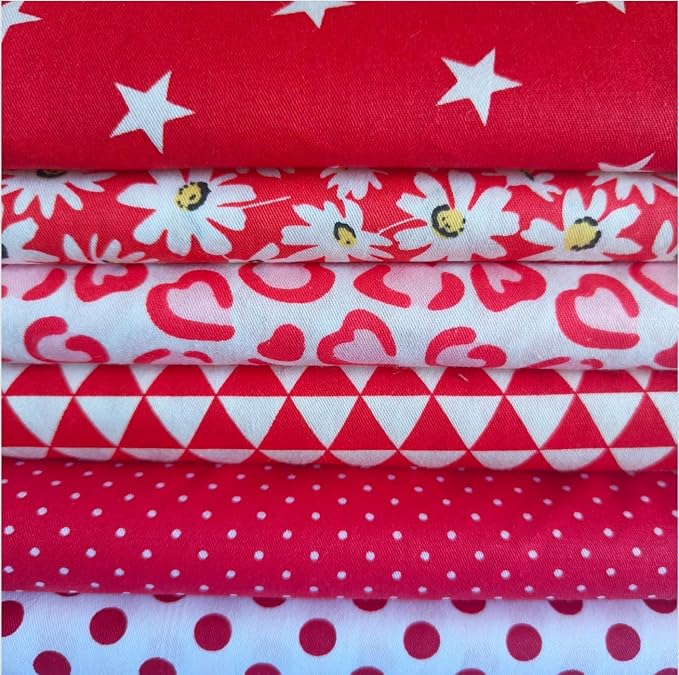 6PCS 18" x 22" Quilting Fat Quarters Fabric Bundles, for Sewing Crafting,Print Floral Striped Polka Dot 100% Cotton Gingham Fabric (red Mix, 18" x 22")