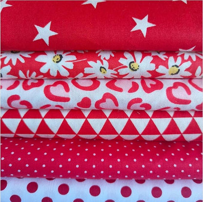 6PCS 18" x 22" Quilting Fat Quarters Fabric Bundles, for Sewing Crafting,Print Floral Striped Polka Dot 100% Cotton Gingham Fabric (red Mix, 18" x 22")