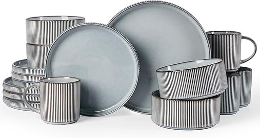 Famiware Star 16-Piece Stoneware Dinnerware Set, Service for 4, Reactive Glaze Mugs, Plates and Bowls, Dishes with Trim, Modern Rustic, Chip/Scratch Resistant, Microwave/Dishwasher Safe, Smoky Blue
