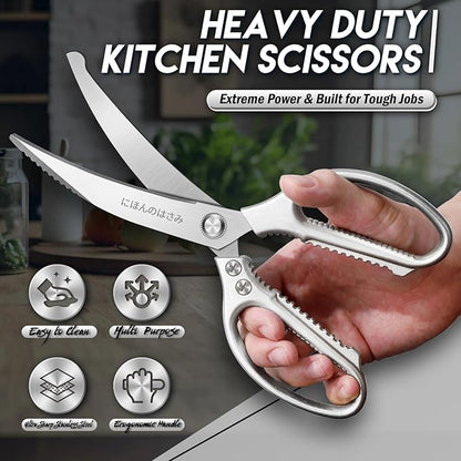 TIJERAS Kitchen Scissors Set Silver - Stainless Steel Kitchen Shears, Sharp Meat Scissors Dishwasher Safe, Heavy Duty Poultry Shears, Japanese Cooking Scissor for Food, Chicken, Gifts for Women