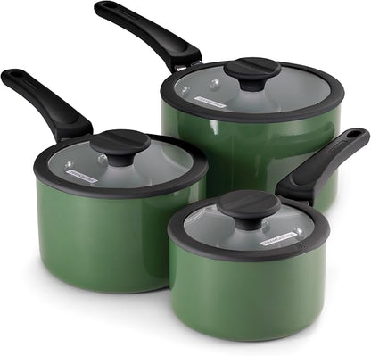 Tramontina Ceramic Non Stick 6-Piece Nesting Sauce Pan Set with Lids - Stackable Nonstick Cookware Set, Dishwasher and Oven Safe, Green