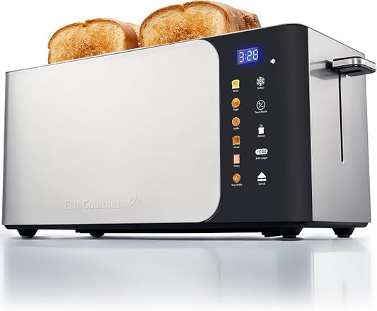 Elite Gourmet ECT5924D SmartToast Digital Long Slot 4 Slice Toaster, 1370W Even Heat, Extra Wide 1.5" Slots for Bagels & Texas Toast, Touch Screen, 6 Shades, 6 Bread Types, Defrost, Reheat, Steel