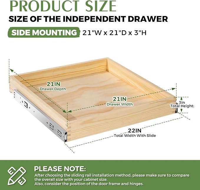 Wooden Pull Out Cabinet Organizer for Kitchen Fully Assembled 21" W x 21" D x 3" H Solid Wood Drawer with Soft Close Slides Bottom or Side Mount for Pantry Bathroom Bedroom Dining Room Storage