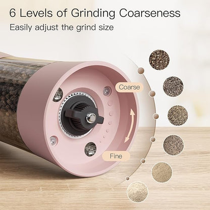 Ultrean Electric Salt and Pepper Grinder Set, USB-C Rechargeable, Salt and Pepper Shakers Spice Mill with 6 Adjustable Coarseness LED Light Larger Capacity, Kitchen Gadget, Gift for Women Mom, Pink