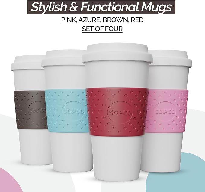 Copco Acadia Travel Mug (4-Pack), 16oz Insulated Coffee Mug with Double-Walled Plastic, Secure Lid - Microwave & Dishwasher Safe, Non-Slip Sleeve, Hot & Cold Drinks - Bright Colors