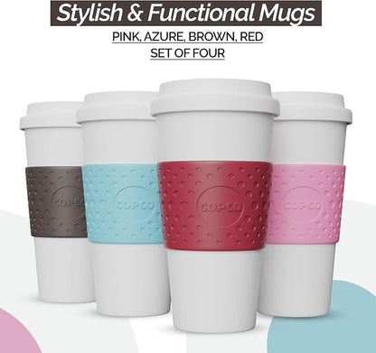 Copco Acadia Travel Mug (4-Pack), 16oz Insulated Coffee Mug with Double-Walled Plastic, Secure Lid - Microwave & Dishwasher Safe, Non-Slip Sleeve, Hot & Cold Drinks - Bright Colors