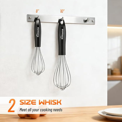 NileHome Silicone Whisk Set 8" 10" Kitchen Whisk Kitchen Wisk Wire Whisks for Cooking, Whisking, Blending, Beating, Stirring-Black Silver