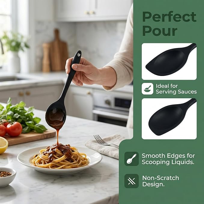 Silicone Kitchen Spoons Set - 2 Pack Heat-Resistant Utensils (Slotted & Solid Spoon) for Cooking, Baking - Non Stick, Dishwasher Safe (Black)