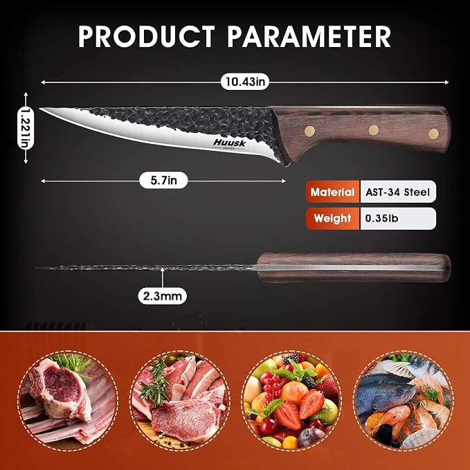 Huusk Boning Knife for Meat Cutting - Japanese High Carbon Steel Fillet Knife - Hand Forged Trimming Knives - Chef Knives for Meat, Fish, Poultry, Grilling Gifts for Men and Women